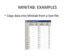MINITAB: EXAMPLES
• Copy data into Minitab from a text file
 