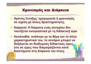 Χρονισμός και Διάρκεια

Χρόνος ένταξης: ημερομηνία ή χρονισμός
σε σχέση με άλλες δραστηριότητες
διάρκεια: Η διάρκεια ενός σεναρίου δεν
ταυτίζεται αναγκαστικά με τη διδακτική ώρα
Ακολουθία: ανάλογα με το θέμα και τα άλλα
χαρακτηριστικά του, το σενάριο μπορεί να
διεξάγεται σε διαδοχικές διδακτικές ώρες,
είτε σε ώρες που διαμοιράζονται κατά
διαστήματα στη διάρκεια του έτους
 