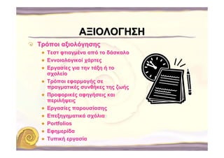 ΑΞΙΟΛΟΓΗΣΗ
Τρόποι αξιολόγησης
  Τεστ φτιαγμένα από το δάσκαλο
  Εννοιολογικοί χάρτες
  Εργασίες για την τάξη ή το
  σχολείο
  Τρόποι εφαρμογής σε
  πραγματικές συνθήκες της ζωής
  Προφορικές αφηγήσεις και
  περιλήψεις
  Εργασίες παρουσίασης
  Επεξηγηματικά σχόλια
  Portfolios
  Εφημερίδα
  Τυπική εργασία
 