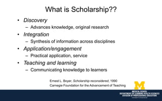 What is Scholarship??
• Discovery
– Advances knowledge, original research
• Integration
– Synthesis of information across disciplines
• Application/engagement
– Practical application, service
• Teaching and learning
– Communicating knowledge to learners
Ernest L. Boyer, Scholarship reconsidered, 1990
Carnegie Foundation for the Advancement of Teaching
 