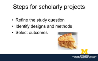 Steps for scholarly projects
• Refine the study question
• Identify designs and methods
• Select outcomes
 