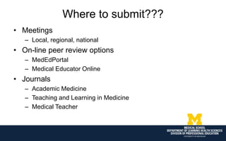 Where to submit???
• Meetings
– Local, regional, national
• On-line peer review options
– MedEdPortal
– Medical Educator Online
• Journals
– Academic Medicine
– Teaching and Learning in Medicine
– Medical Teacher
 