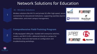 Network Solutions for Education
AI - Wireless Solutions
Wireless solutions like Wi-Fi 6 and private 5G offer high-speed, secure
connectivity for educational institutions, supporting seamless learning,
collaboration, and smart campus management.
Comprehensive Field‑Training Program
A fully‑equipped rolling lab—loaded with enterprise switches,
routers, and Wi‑Fi 6 APs—delivered directly to campus for
immersive, instructor‑led hands‑on configuration and
troubleshooting workshops.
 