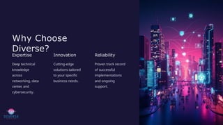 Why Choose
Diverse?
Expertise
Deep technical
knowledge
across
networking, data
center, and
cybersecurity.
Innovation
Cutting-edge
solutions tailored
to your specific
business needs.
Reliability
Proven track record
of successful
implementations
and ongoing
support.
 