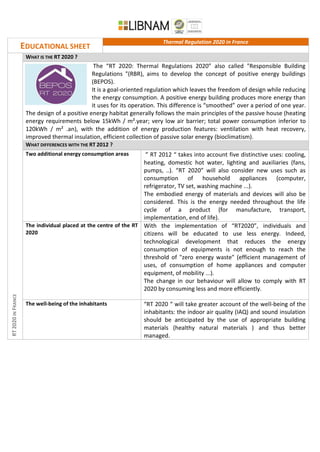 EDUCATIONAL SHEET
Thermal Regulation 2020 in France
RT2020INFRANCE
WHAT IS THE RT 2020 ?
The “RT 2020: Thermal Regulations 2020” also called "Responsible Building
Regulations "(RBR), aims to develop the concept of positive energy buildings
(BEPOS).
It is a goal-oriented regulation which leaves the freedom of design while reducing
the energy consumption. A positive energy building produces more energy than
it uses for its operation. This difference is “smoothed” over a period of one year.
The design of a positive energy habitat generally follows the main principles of the passive house (heating
energy requirements below 15kWh / m².year; very low air barrier; total power consumption inferior to
120kWh / m² .an), with the addition of energy production features: ventilation with heat recovery,
improved thermal insulation, efficient collection of passive solar energy (bioclimatism).
WHAT DIFFERENCES WITH THE RT 2012 ?
Two additional energy consumption areas ” RT 2012 “ takes into account five distinctive uses: cooling,
heating, domestic hot water, lighting and auxiliaries (fans,
pumps, ..). “RT 2020” will also consider new uses such as
consumption of household appliances (computer,
refrigerator, TV set, washing machine ...).
The embodied energy of materials and devices will also be
considered. This is the energy needed throughout the life
cycle of a product (for manufacture, transport,
implementation, end of life).
The individual placed at the centre of the RT
2020
With the implementation of “RT2020”, individuals and
citizens will be educated to use less energy. Indeed,
technological development that reduces the energy
consumption of equipments is not enough to reach the
threshold of "zero energy waste" (efficient management of
uses, of consumption of home appliances and computer
equipment, of mobility ...).
The change in our behaviour will allow to comply with RT
2020 by consuming less and more efficiently.
The well-being of the inhabitants “RT 2020 “ will take greater account of the well-being of the
inhabitants: the indoor air quality (IAQ) and sound insulation
should be anticipated by the use of appropriate building
materials (healthy natural materials ) and thus better
managed.
 