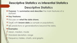 Descriptive Statistics vs Inferential Statistics
Descriptive Statistics
 Purpose: To summarize and describe the main features of a
dataset.
 Key Features:
 Focuses on what the data shows.
 Deals with known data (a sample or population).
 No predictions or generalizations beyond the data.
 Examples:
 Mean, median, mode
 Standard deviation, range
 Frequency tables, charts, and graphs
 