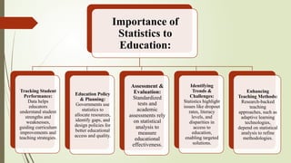 Importance of
Statistics to
Education:
Tracking Student
Performance:
Data helps
educators
understand student
strengths and
weaknesses,
guiding curriculum
improvements and
teaching strategies.
Education Policy
& Planning:
Governments use
statistics to
allocate resources,
identify gaps, and
design policies for
better educational
access and quality.
Assessment &
Evaluation:
Standardized
tests and
academic
assessments rely
on statistical
analysis to
measure
educational
effectiveness.
Identifying
Trends &
Challenges:
Statistics highlight
issues like dropout
rates, literacy
levels, and
disparities in
access to
education,
enabling targeted
solutions.
Enhancing
Teaching Methods:
Research-backed
teaching
approaches, such as
adaptive learning
technologies,
depend on statistical
analysis to refine
methodologies.
 