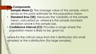Key Components
• Sample Mean (): The average value of the sample, which
serves as the point estimate for the population mean.
• Standard Error (SE): Measures the variability of the sample
mean, calculated as where s is the sample standard
deviation and n is the sample size.
• Confidence Interval (CI): Provides a range where the
population mean is likely to be, given by
where t is the critical value from the t-distribution (for small
samples) or the z-distribution (for large samples).
 