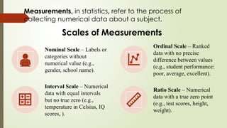 Measurements, in statistics, refer to the process of
collecting numerical data about a subject.
Scales of Measurements
Nominal Scale – Labels or
categories without
numerical value (e.g.,
gender, school name).
Ordinal Scale – Ranked
data with no precise
difference between values
(e.g., student performance:
poor, average, excellent).
Interval Scale – Numerical
data with equal intervals
but no true zero (e.g.,
temperature in Celsius, IQ
scores, ).
Ratio Scale – Numerical
data with a true zero point
(e.g., test scores, height,
weight).
 