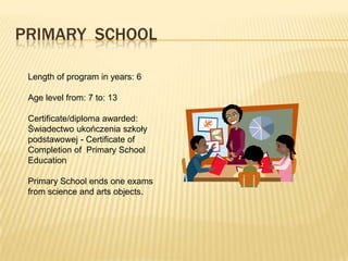 PRIMARY SCHOOL

 Length of program in years: 6

 Age level from: 7 to: 13

 Certificate/diploma awarded:
 Świadectwo ukończenia szkoły
 podstawowej - Certificate of
 Completion of Primary School
 Education

 Primary School ends one exams
 from science and arts objects.
 