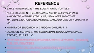 REFERENCE
• BATAS PAMBANSA 232 – THE EDUCATION ACT OF 1982
• NOLLEDO, JOSE N. THE EDUCATION ACT OF THE PHILIPPINES
ANNOTATED WITH RELATED LAWS, ISSUANCES AND OTHER
MATERIALS, NATIONAL BOOKSTORE, MANDALUYONG CITY, 2004, PP. 14
-16
• HISTORY OF EDUCATION IN CARDONA, 2011, PP. 5 - 7
• AZARCON, MARIVIC B. THE EDUCATIONAL COMMUNITY (TOPICAL
REPORT), 2012, PP. 1 -3
• HTTP://EN.WIKIPILIPINAS.ORG/INDEX.PHP?TITLE=FORMAL_EDUCATIO
N_IN_THE_PHILIPPINES
• HTTP://WWW.TCMC.EDU.PH/COURSES/GRADUATE-STUDIES/
• WWW.GOOGLE.COM/IMAGES
 