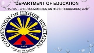 DEPARTMENT OF EDUCATION
• RA 7722 - CHED (COMMISSION ON HIGHER EDUCATION) WAS
CREATED
 