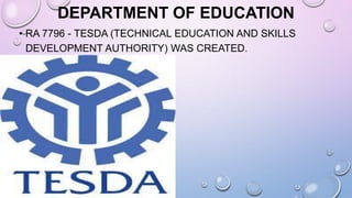 DEPARTMENT OF EDUCATION
• RA 7796 - TESDA (TECHNICAL EDUCATION AND SKILLS
DEVELOPMENT AUTHORITY) WAS CREATED.
 