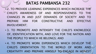 BATAS PAMBANSA 232 
• 2. TO PROVIDE LEARNING EXPERIENCES WHICH INCREASE THE 
CHILD'S AWARENESS OF AND RESPONSIVENESS TO THE 
CHANGES IN AND JUST DEMANDS OF SOCIETY AND TO 
PREPARE HIM FOR CONSTRUCTIVE AND EFFECTIVE 
INVOLVEMENT; 
• 3. TO PROMOTE AND INTENSIFY THE CHILD'S KNOWLEDGE 
OF, IDENTIFICATION WITH, AND LOVE FOR THE NATION AND 
THE PEOPLE TO WHICH HE BELONGS; AND 
• 4. TO PROMOTE WORK EXPERIENCES WHICH DEVELOP THE 
CHILD'S ORIENTATION TO THE WORLD OF WORK AND 
CREATIVITY AND PREPARE HIMSELF TO ENGAGE IN HONEST 
 