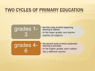 TWO CYCLES OF PRIMARY EDUCATION 
• the first cycle at which beginning 
learning is offered, 
• In the lower grades one teacher 
teaches all subjects 
grades 1- 
3 
• the second cycle at which systematic 
learning is provided. 
• In the higher grades each subject 
has a different teacher 
grades 4- 
6 
 