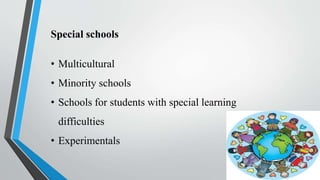 Special schools
• Multicultural
• Minority schools
• Schools for students with special learning
difficulties
• Experimentals
 