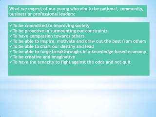 What we expect of our young who aim to be national, community,
business or professional leaders:
To be committed to improving society
To be proactive in surmounting our constraints
To have compassion towards others
To be able to inspire, motivate and draw out the best from others
To be able to chart our destiny and lead
To be able to forge breakthroughs in a knowledge-based economy
To be creative and imaginative
To have the tenacity to fight against the odds and not quit

 