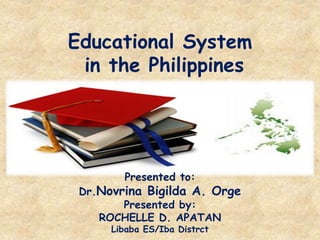Educational System
in the Philippines
Presented to:
Dr.Novrina Bigilda A. Orge
Presented by:
ROCHELLE D. APATAN
Libaba ES/Iba Distrct
 