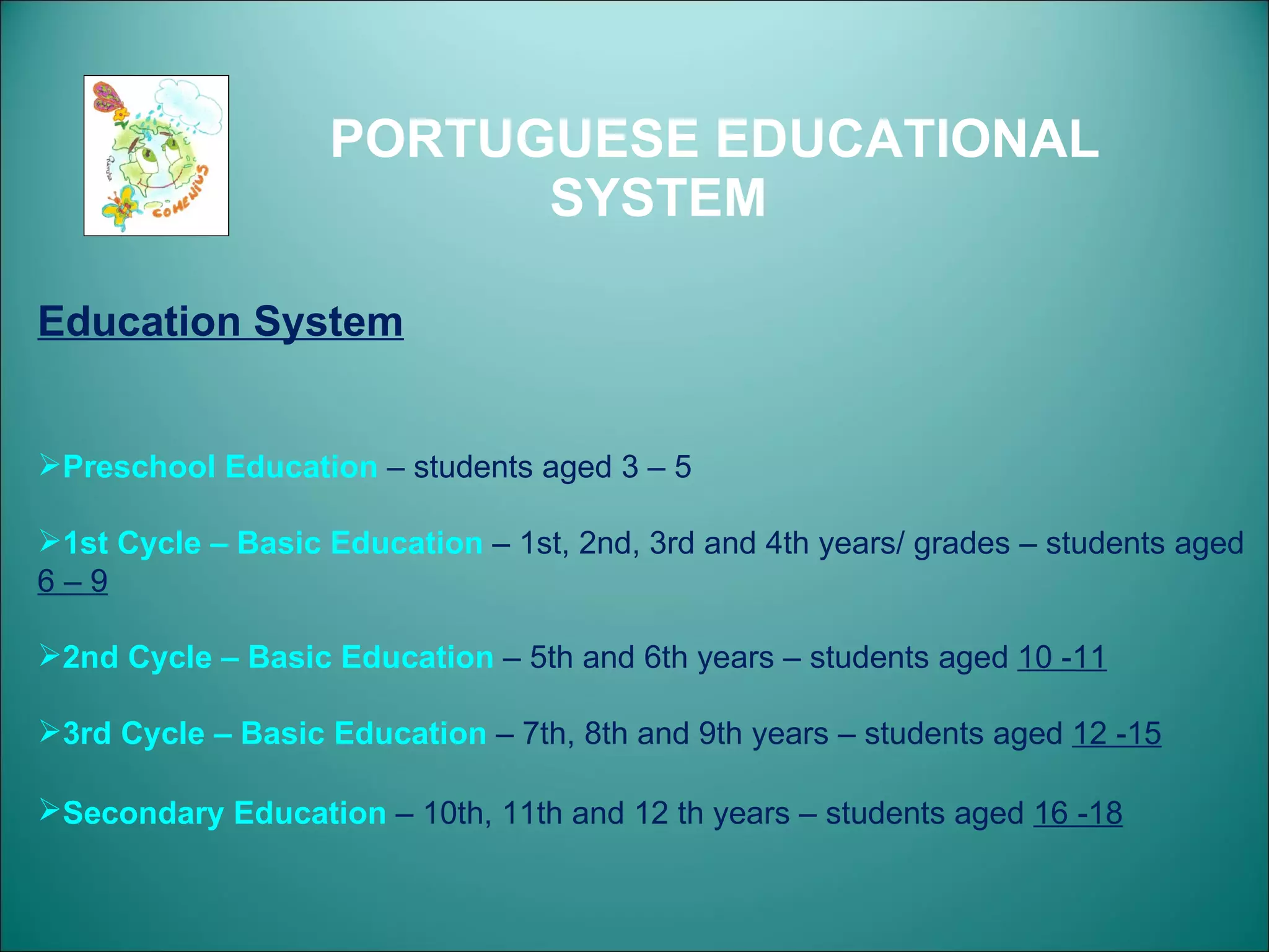 PORTUGUESE EDUCATIONAL SYSTEM Education System Preschool Education   – students aged 3 – 5 1st Cycle   – Basic Education   – 1st, 2nd, 3rd and 4th years/ grades – students aged  6 – 9 2nd Cycle   – Basic Education   – 5th and 6th years – students aged  10 -11 3rd Cycle   – Basic Education   – 7th, 8th and 9th years – students aged  12 -15 Secondary Education   – 10th, 11th and 12 th years – students aged  16 -18   