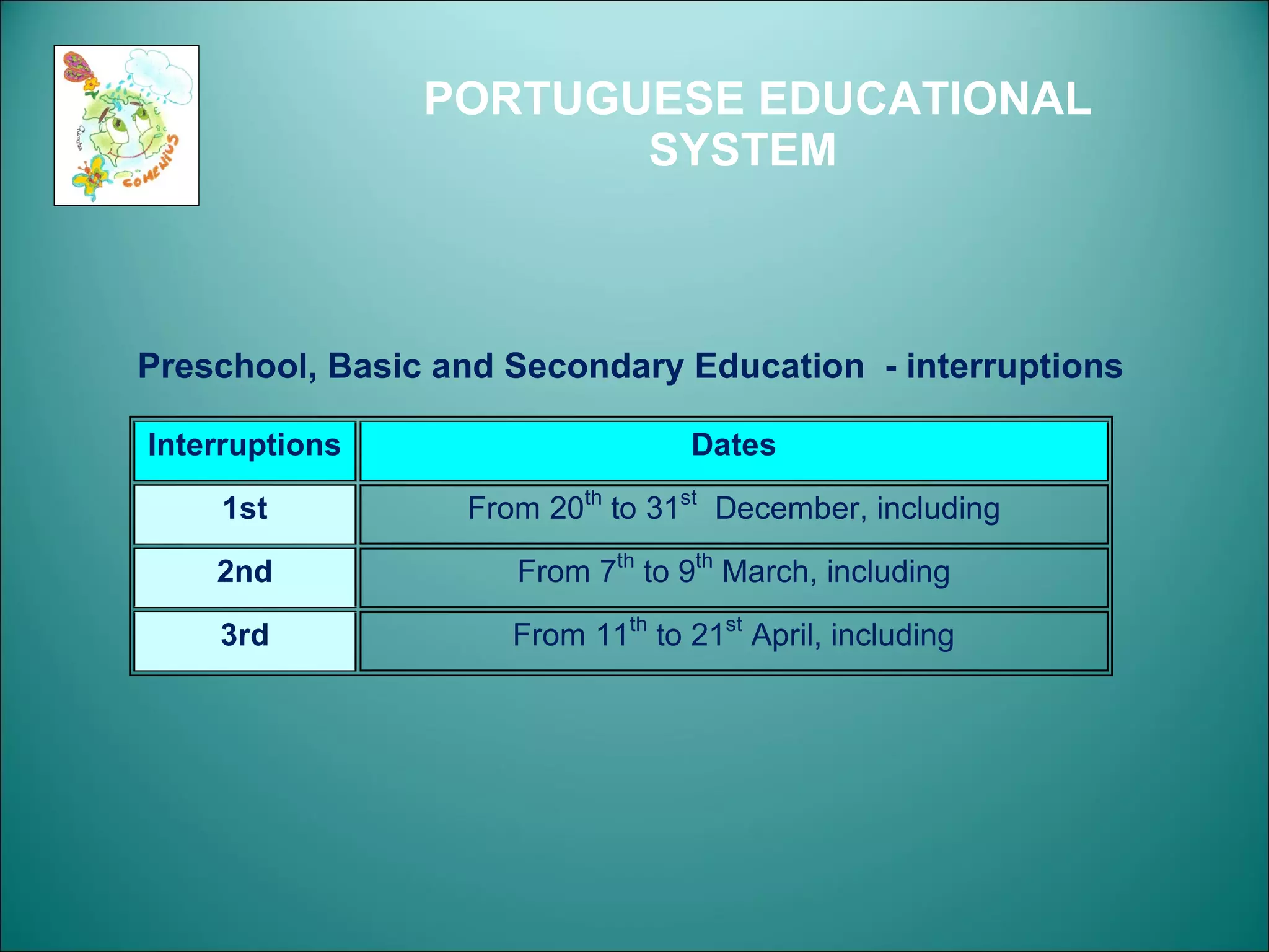 PORTUGUESE EDUCATIONAL SYSTEM Preschool, Basic and Secondary Education  - interruptions 