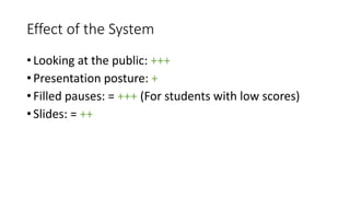 Effect of the System
• Looking at the public: +++
• Presentation posture: +
• Filled pauses: = +++ (For students with low scores)
• Slides: = ++
 