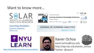 Want to know more…
https://steinhardt.nyu.edu/learn/connectwithus
Xavier Ochoa
xavier.ochoa@nyu.edu
http://wp.nyu.edu/xavier_ochoa
Twitter: @xaoch
 