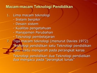Macam-macam Teknologi Pendidikan Lima macam teknologi - Sistem berpikir  - Desain sistem  - Kualitas pengetahuan  - Manajemen Perubahan  - Teknologi pembelajaran  Tiga macam teknologi (menurut Davies 1972) Teknologi pendidikan satu Teknologi pendidikan satu  yaitu mengarah pada perangkat keras   Teknologi pendidikan dua Teknologi pendidikan dua mengacu pada ”perangkat lunak”  