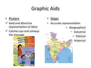 Graphic Aids
• Posters
 bold and attractive
representation of ideas
 Catches eye and conveys
the massage
• Maps
• Accurate representation
• Geographical
• Industrial
• Political
• Historical
 