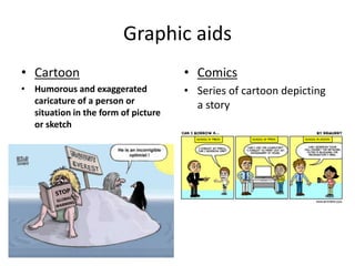Graphic aids
• Cartoon
• Humorous and exaggerated
caricature of a person or
situation in the form of picture
or sketch
• Comics
• Series of cartoon depicting
a story
 