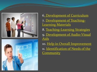 6. Development of Curriculum
7. Development of Teaching-
Learning Materials
8. Teaching-Learning Strategies
9. Development of Audio-Visual
Aids
10. Help in Overall Improvement
11. Identification of Needs of the
Community
 