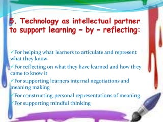 For helping what learners to articulate and represent
what they know
For reflecting on what they have learned and how they
came to know it
For supporting learners internal negotiations and
meaning making
For constructing personal representations of meaning
For supporting mindful thinking
 
