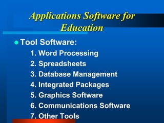 Applications Software for
Education
 Tool Software:
1. Word Processing
2. Spreadsheets
3. Database Management
4. Integrated Packages
5. Graphics Software
6. Communications Software
7. Other Tools
 
