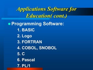 Applications Software for
Education( cont.)
 Programming Software:
1. BASIC
2. Logo
3. FORTRAN
4. COBOL, SNOBOL
5. C
6. Pascal
7. PL/1
 