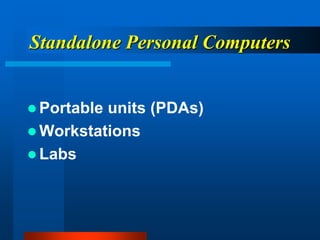 Standalone Personal Computers
 Portable units (PDAs)
 Workstations
 Labs
 