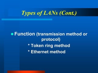 Types of LANs (Cont.)
 Function (transmission method or
protocol)
* Token ring method
* Ethernet method
 