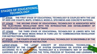 18
1ST STAGE THE FIRST STAGE OF EDUCATIONAL TECHNOLOGY IS COUPLED WITH THE USE
OF AIDS LIKE CHARTS, MAPS, SYMBOLS, MODELS, SPECIMENS AND CONCRETE MATERIAL
2ND STAGE THE SECOND STAGE OF EDUCATIONAL TECHNOLOGY IS ASSOCIATED WITH
THE ‘ELECTRONIC REVOLUTION’ WITH THE INTRODUCTION AND ESTABLISHMENT OF
SOPHISTICATED HARDWARE AND SOFTWARE
3RD STAGE THE THIRD STAGE OF EDUCATIONAL TECHNOLOGY IS LINKED WITH THE
DEVELOPMENT OF MASS MEDIA WHICH IN TURN LED TO ‘COMMUNICATION REVOLUTION’
FOR INSTRUCTIONAL PURPOSES
4TH STAGE THE FOURTH STAGE OF EDUCATIONAL TECHNOLOGY IS DISCERNIBLE BY THE
INDIVIDUALIZED PROCESS OF INSTRUCTION
LATEST STAGE. THE LATEST CONCEPT OF EDUCATIONAL TECHNOLOGY IS
INFLUENCED BY THE CONCEPT OF SYSTEM ENGINEERING OR SYSTEM APPROACH,
ACCORDING TO IT, EDUCATIONAL TECHNOLOGY IS A SYSTEMATIC WAY OF DESIGNING,
CARRYING OUT AND EVALUATING THE TOTAL PROCESS OF TEACHING AND LEARNING IN
 