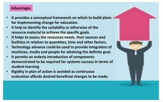 Advantages
• It provides a conceptual framework on which to build plans
for implementing change for education.
• It help to identify the suitability or otherwise of the
resource material to achieve the specific goals.
• It helps to assess the resources needs, their sources and
facilities in relation to quantities, time and other factors.
• Technology advance could be used to provide integration of
machines, media and people for attaining the definite goal.
• It permits an orderly introduction of components
demonstrated to be required for systems success in terms of
student learning
• Rigidity in plan of action is avoided as continuous
evaluation affords desired beneficial changes to be made.
 