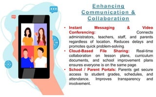 • Instant Messaging & Video
Conferencing: Connects
administrators, teachers, staff, and parents
regardless of location. Reduces delays and
promotes quick problem-solving.
• Cloud-Based File Sharing: Real-time
collaboration on lesson plans, curriculum
documents, and school improvement plans
ensures everyone is on the same page.
• School / Parent Portals: Parents get secure
access to student grades, schedules, and
attendance. Improves transparency and
involvement.
 