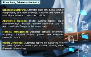 Streamlining Administrative tasks
Scheduling Software: Automates class scheduling, teacher
assignments, and room bookings. Reduces time spent on
manual processes and minimizes conflicts.
Attendance Tracking: Digital systems replace paper
attendance logs. Provides real-time attendance data for
reports and identifying potential issues early.
Financial Management: Dedicated software streamlines
budgeting, purchase orders, payroll, and eliminates
calculation errors.
Report Generation: Automated reports on everything from
enrolment figures to student performance, allowing data-
driven decision-making.
 