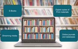 E-Books
Digital copies of
Print materials
Online journals
and databases
Streaming media
 
