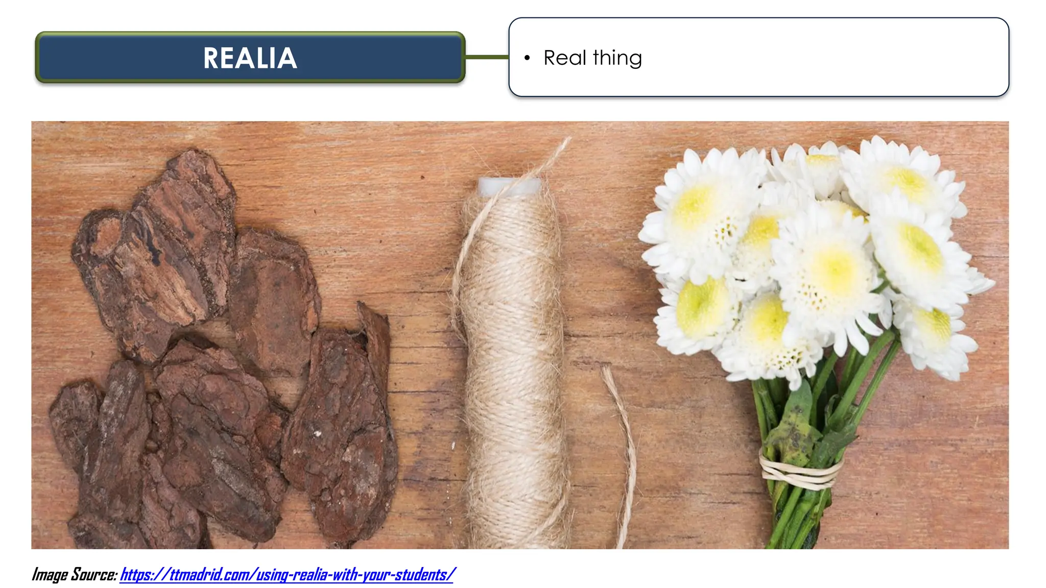 REALIA • Real thing
Image Source: https://ttmadrid.com/using-realia-with-your-students/
 