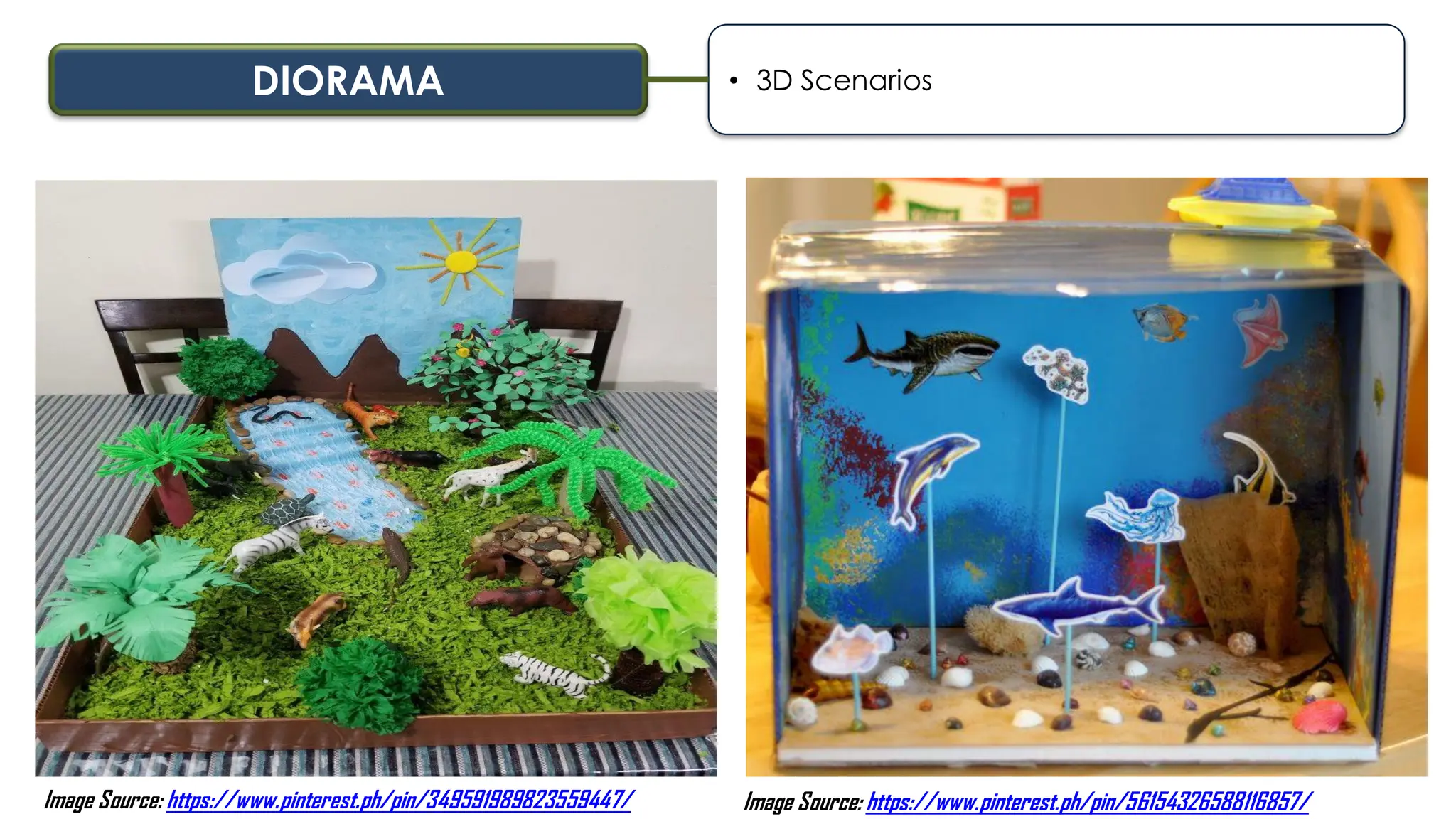 DIORAMA • 3D Scenarios
Image Source: https://www.pinterest.ph/pin/349591989823559447/ Image Source: https://www.pinterest.ph/pin/56154326588116857/
 