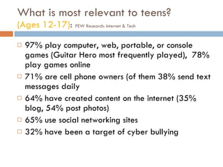 What is most relevant to teens? (Ages 12-17) :  PEW Research: Internet & Tech 97% play computer, web, portable, or console games (Guitar Hero most frequently played),  78% play games online 71% are cell phone owners (of them 38% send text messages daily 64% have created content on the internet (35% blog, 54% post photos) 65% use social networking sites 32% have been a target of cyber bullying 
