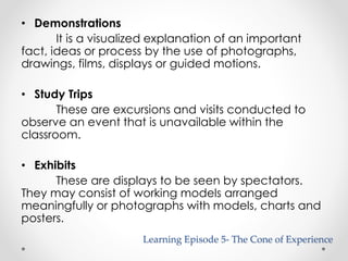 • Demonstrations 
It is a visualized explanation of an important 
fact, ideas or process by the use of photographs, 
drawings, films, displays or guided motions. 
• Study Trips 
These are excursions and visits conducted to 
observe an event that is unavailable within the 
classroom. 
• Exhibits 
These are displays to be seen by spectators. 
They may consist of working models arranged 
meaningfully or photographs with models, charts and 
posters. 
Learning Episode 5- The Cone of Experience 
 