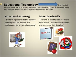 [object Object],[object Object],[object Object],[object Object],[object Object],[object Object],[object Object],[object Object],Educational Technology  It  is the study and ethical practice of facilitating learning and improving performance by creating, using and managing appropriate technological processes and resources.   
