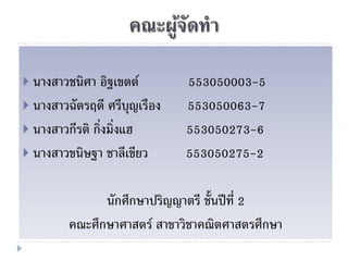 คณะผู้จัดทา
 นางสาวชนิศา อิฐเขตต์ 553050003-5
 นางสาวฉัตรฤดี ศรีบุญเรือง 553050063-7
 นางสาวกีรติ กิ่งมิ่งแฮ 553050273-6
 นางสาวขนิษฐา ชาลีเขียว 553050275-2
นักศึกษาปริญญาตรี ชั้นปีที่ 2
คณะศึกษาศาสตร์ สาขาวิชาคณิตศาสตรศึกษา
 
