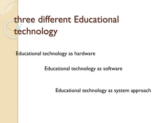 three different Educational
technology
Educational technology as hardware
Educational technology as software
Educational technology as system approach
 