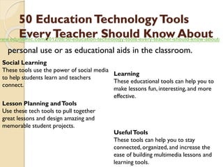 50 EducationTechnologyTools
EveryTeacher Should Know About
personal use or as educational aids in the classroom.
Social Learning
These tools use the power of social media
to help students learn and teachers
connect.
Learning
These educational tools can help you to
make lessons fun, interesting,and more
effective.
Lesson Planning andTools
Use these tech tools to pull together
great lessons and design amazing and
memorable student projects.
UsefulTools
These tools can help you to stay
connected, organized, and increase the
ease of building multimedia lessons and
learning tools.
www.edudemic.com/2012/08/50-education-technology-tools-every-teacher-should-know-about/
 