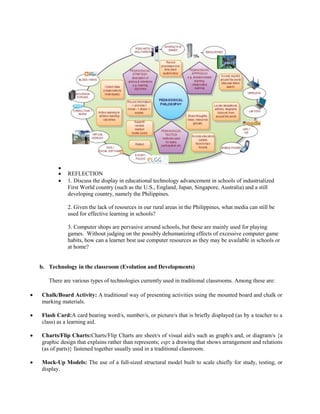 
 REFLECTION
 1. Discuss the display in educational technology advancement in schools of industrialized
First World country (such as the U.S., England, Japan, Singapore, Australia) and a still
developing country, namely the Philippines.
2. Given the lack of resources in our rural areas in the Philippines, what media can still be
used for effective learning in schools?
3. Computer shops are pervasive around schools, but these are mainly used for playing
games. Without judging on the possibly dehumanizing effects of excessive computer game
habits, how can a learner best use computer resources as they may be available in schools or
at home?
b. Technology in the classroom (Evolution and Developments)
There are various types of technologies currently used in traditional classrooms. Among these are:
 Chalk/Board Activity: A traditional way of presenting activities using the mounted board and chalk or
marking materials.
 Flash Card:A card bearing word/s, number/s, or picture/s that is briefly displayed (as by a teacher to a
class) as a learning aid.
 Charts/Flip Charts:Charts/Flip Charts are sheet/s of visual aid/s such as graph/s and, or diagram/s {a
graphic design that explains rather than represents; esp: a drawing that shows arrangement and relations
(as of parts)} fastened together usually used in a traditional classroom.
 Mock-Up Models: The use of a full-sized structural model built to scale chiefly for study, testing, or
display.
 