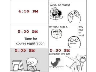 Guys, be ready!
Time for
course registration.
Oh yeah, I made it. Why
have
to
rush?
Connection time out!
